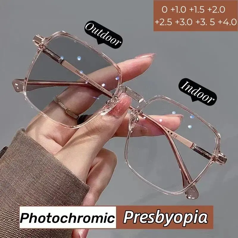 Women's Oversize Frame Reading Eyewear - Photochromic Lens Single Presbyopia Glasses with Color-Changing Function (Up to +4.0)