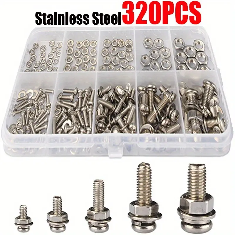 Stainless Steel 320Pcs Assortment Kit Hardware - M2 M2.5 M3 M4 M5 Metric Nut and Bolt Assortment - SS304 An Head Screws Nuts Bolts Heavy Duty Fastening Heavy Duty Bolts