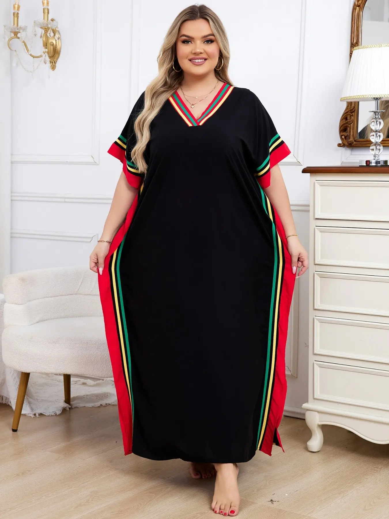 Plus Size Patchwork Print Batwing Sleeve Kaftan Maxi Dress, Boho V Neck Caftan Split Hem Long Dress, Women's Plus Clothing for Summer Daily Wear, Boho Casual Kaftan Style