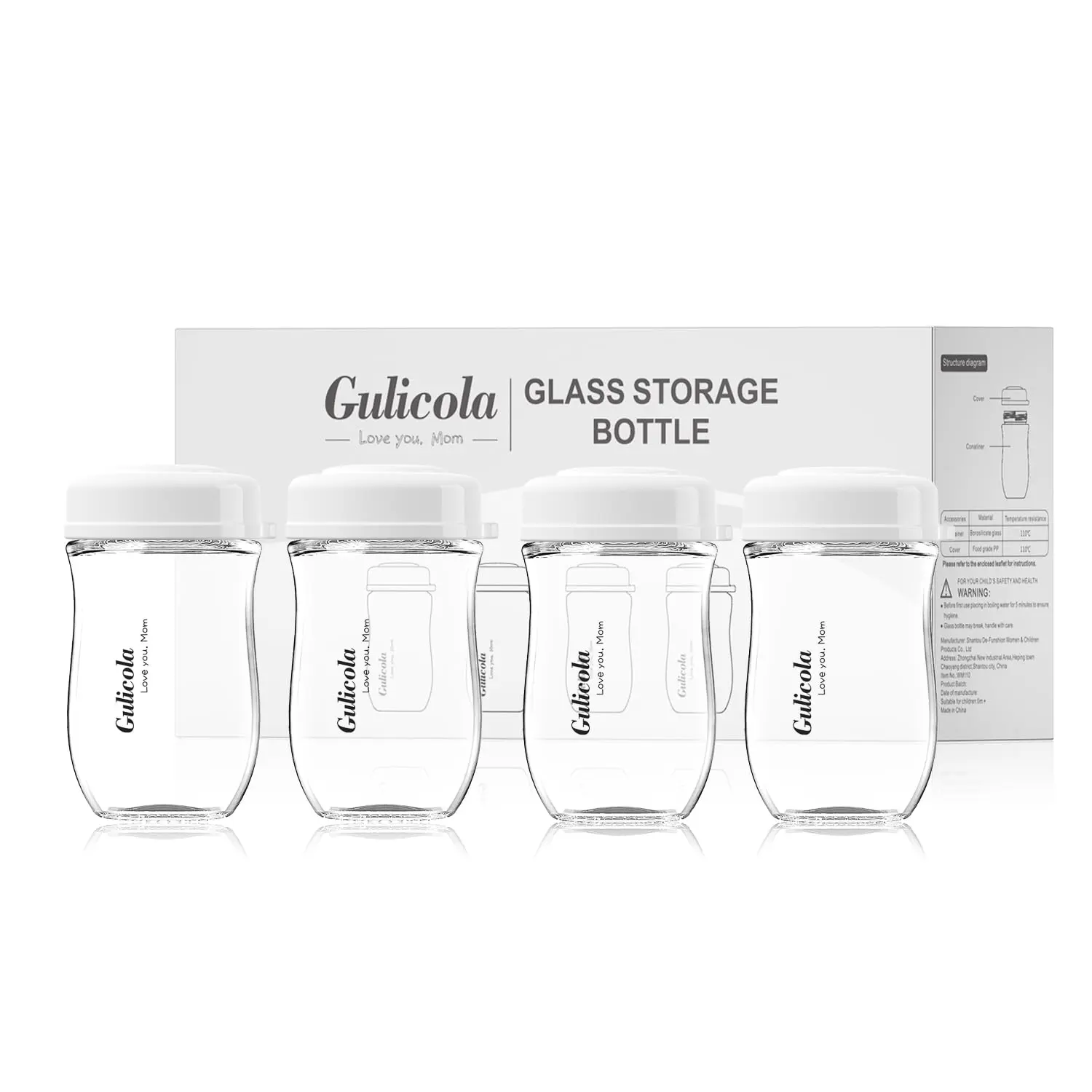 Gulicola 4pcs Wide Neck Glass Breast Milk Containers (5oz/8oz, Storage-Only) with Caps, BPA-Free, Non-Toxic, Heated Compatible, Laser Engraved, Parents, Set