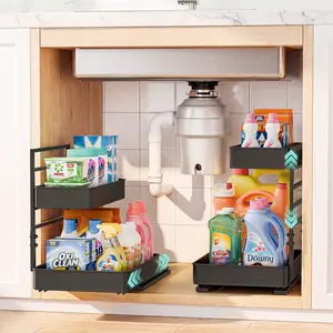 EVERIE Adjustable Iron Kitchen Under Sink Pull-Out Metal Racks - 2-Pack Black Smooth Slide Shelf Organizer, No Drill Needed