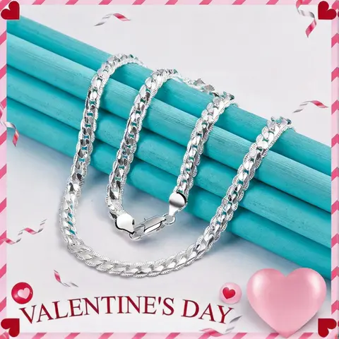 Fashion Necklace 6MM 925 Sterling Silver plated Chain Jewelry Flat Cuban Curb Chain Gift for Men Women Decoration Silver Convenient Valentine‘s gift