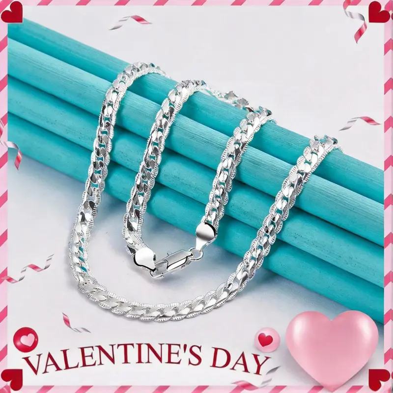 Fashion Necklace 6MM 925 Sterling Silver plated Chain Jewelry Flat Cuban Curb Chain Gift for Men Women Decoration Silver Convenient Valentine‘s gift