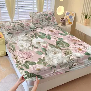 Elegant Floral Fitted Sheet (With 2 Pillowcases), Ideal Gift for Romantic Decor Enthusiasts, Unique Bedding Adds Vintage Charm to Bedroom, Soft Breathable Sheet