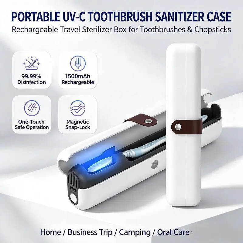 Portable UV-C Toothbrush Sanitizer Case, Rechargeable Travel Sterilizer Box for Toothbrushes & Chopsticks, 99.99% Disinfection Rate, Home Supplies Storage Box for Business Trips & Camping Oral Care Gifts
