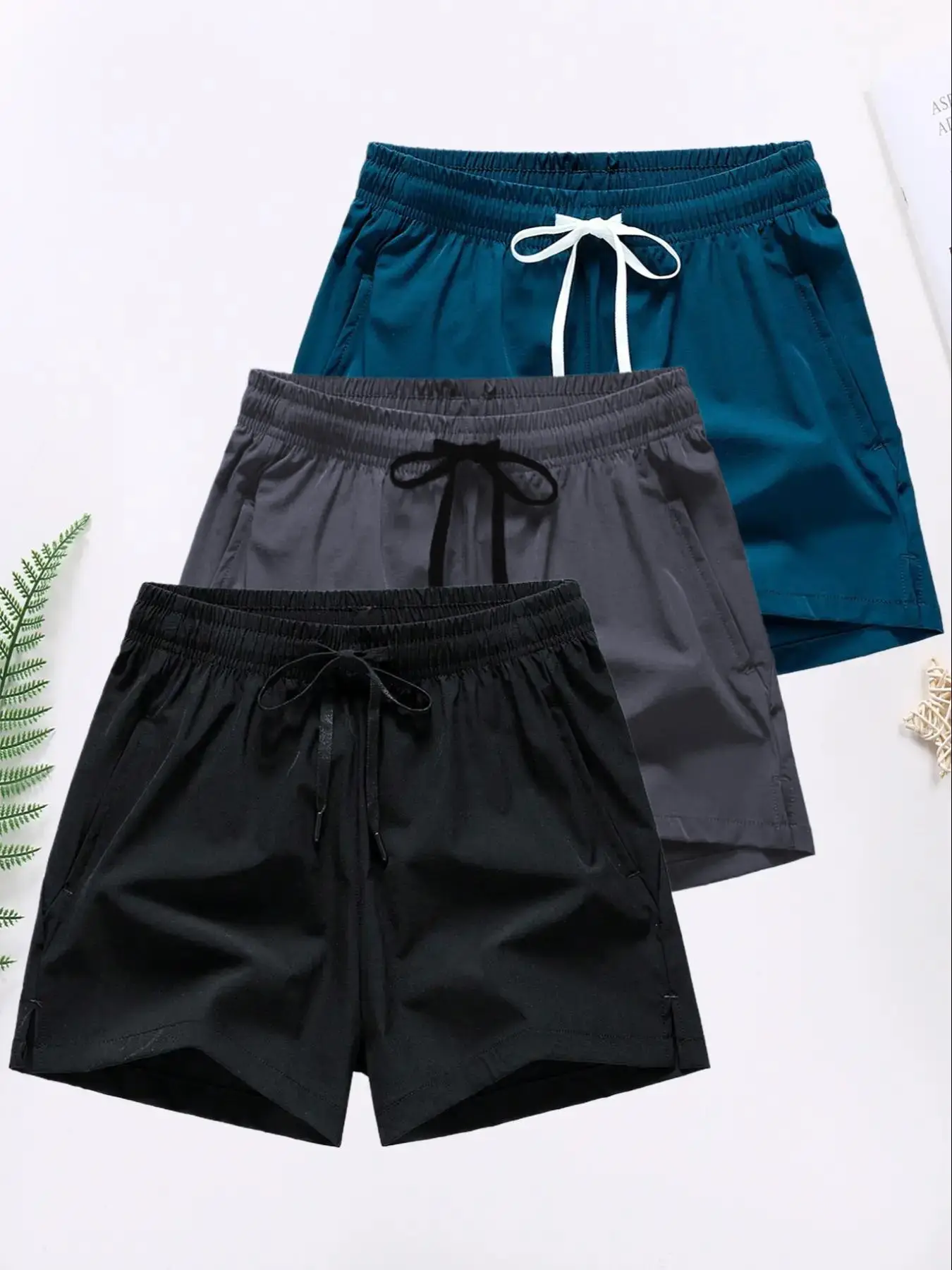 Men's 3pcs Letter Print Drawstring Waist Shorts, Casual Regular Fit Pocket Split Hem Shorts for Summer, Men's Bottoms for Daily Wear, Shorts for Men,