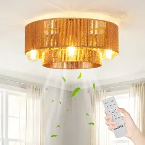 20" Boho Rattan Caged Ceiling Fan with Light, Flush Mount Fandelier with 6 Reversible Quiet Speeds, Remote Control Boho Low Profile Fan for Bedroom, Living Room, Nursery & Kitchen, E26 Base, Hand-Woven Farmhouse Decor, Natural