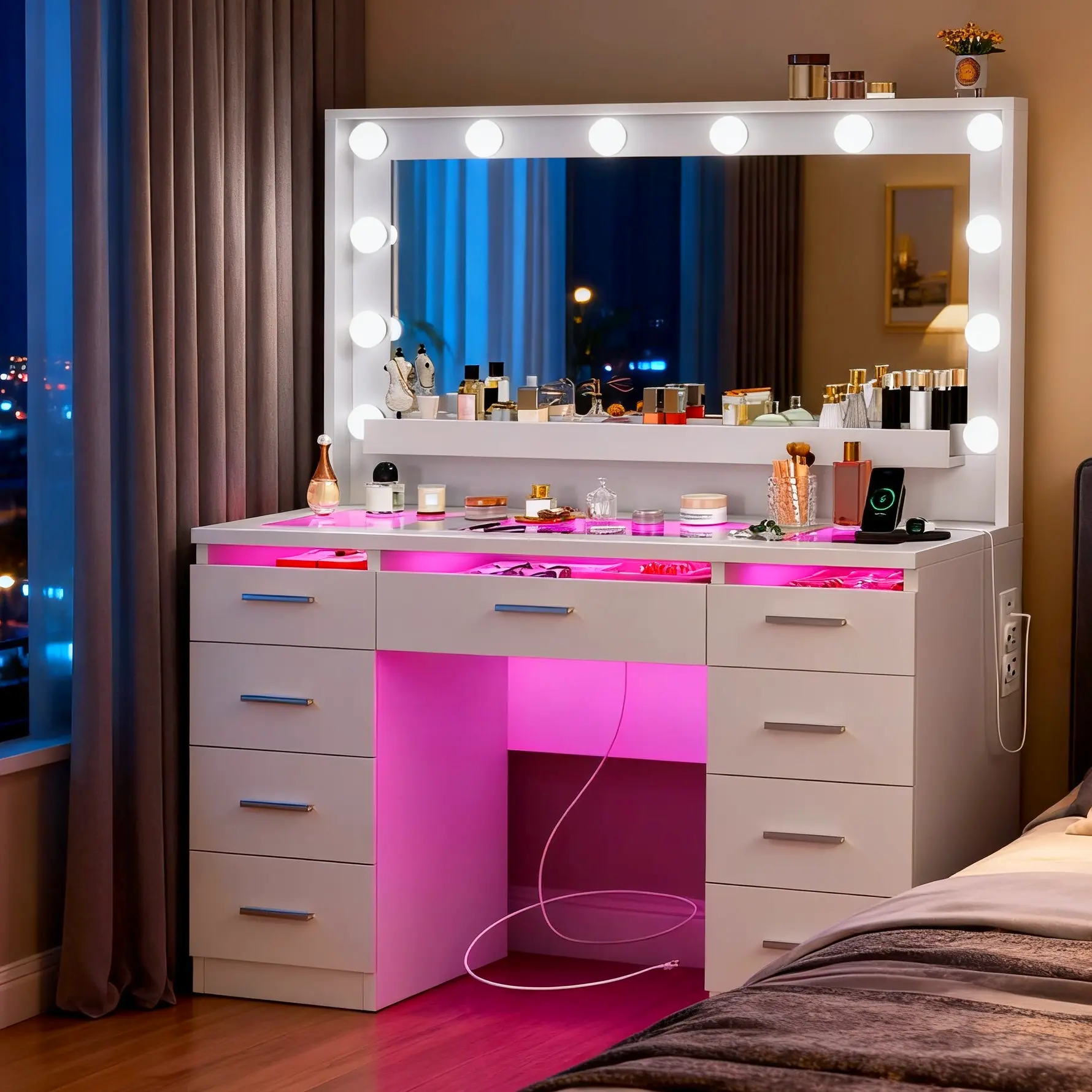 Women's Stable Rectangular Makeup Vanity Desk - Indoor Furniture with RGB Glow-up Lighting Mirror, Glass Top, 9 Drawers, Built-in Charging Station, 3 Lighting Modes for Bedroom Deskmakeover