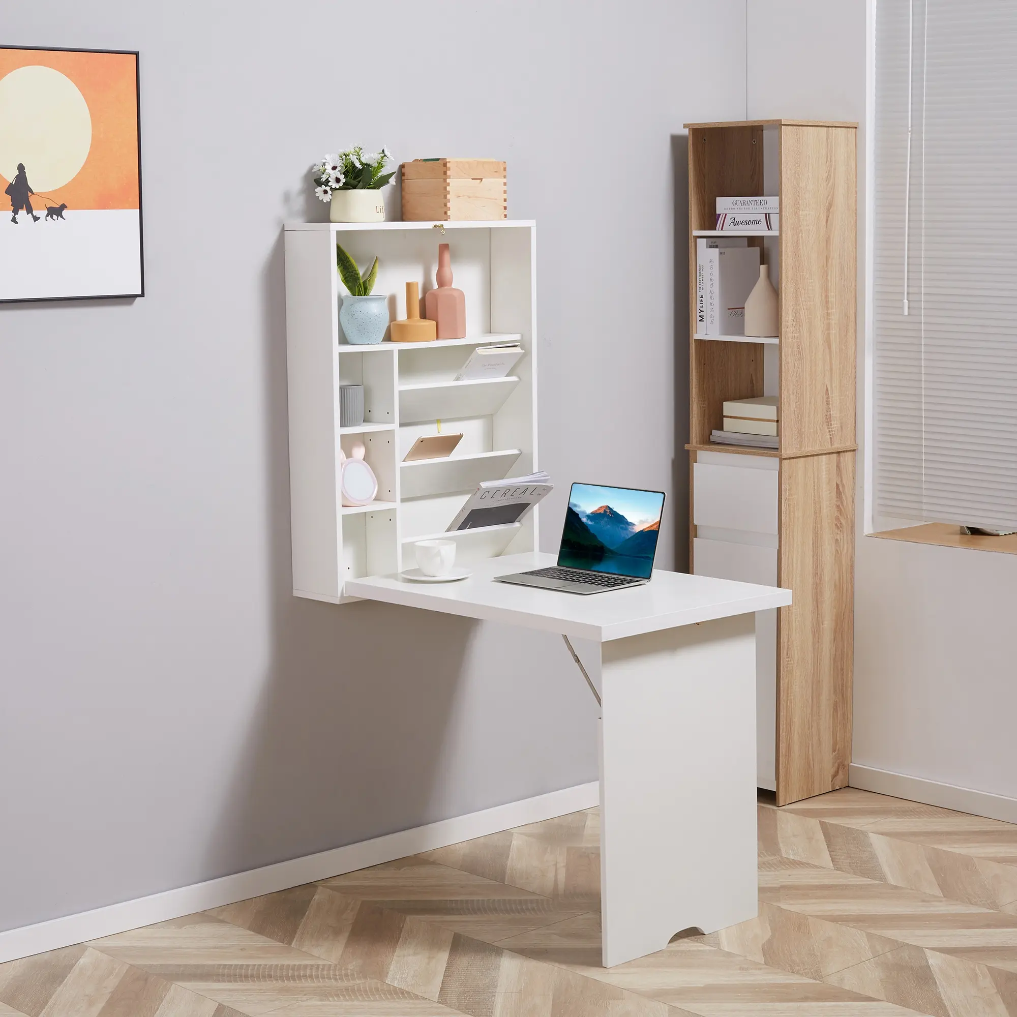 White Wall Mounted Fold-Out Convertible Floating Desk with Storage Shelf - Multi-Function Office Furniture for Home Office, Small Rooms, Dorms