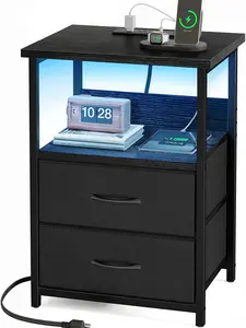 Night Stand with Charging Station, LED Nightstand with U-S-B Ports and Outlets, 2 Fabric Storage Drawers with PU Finish, Small Bedside Table, Black