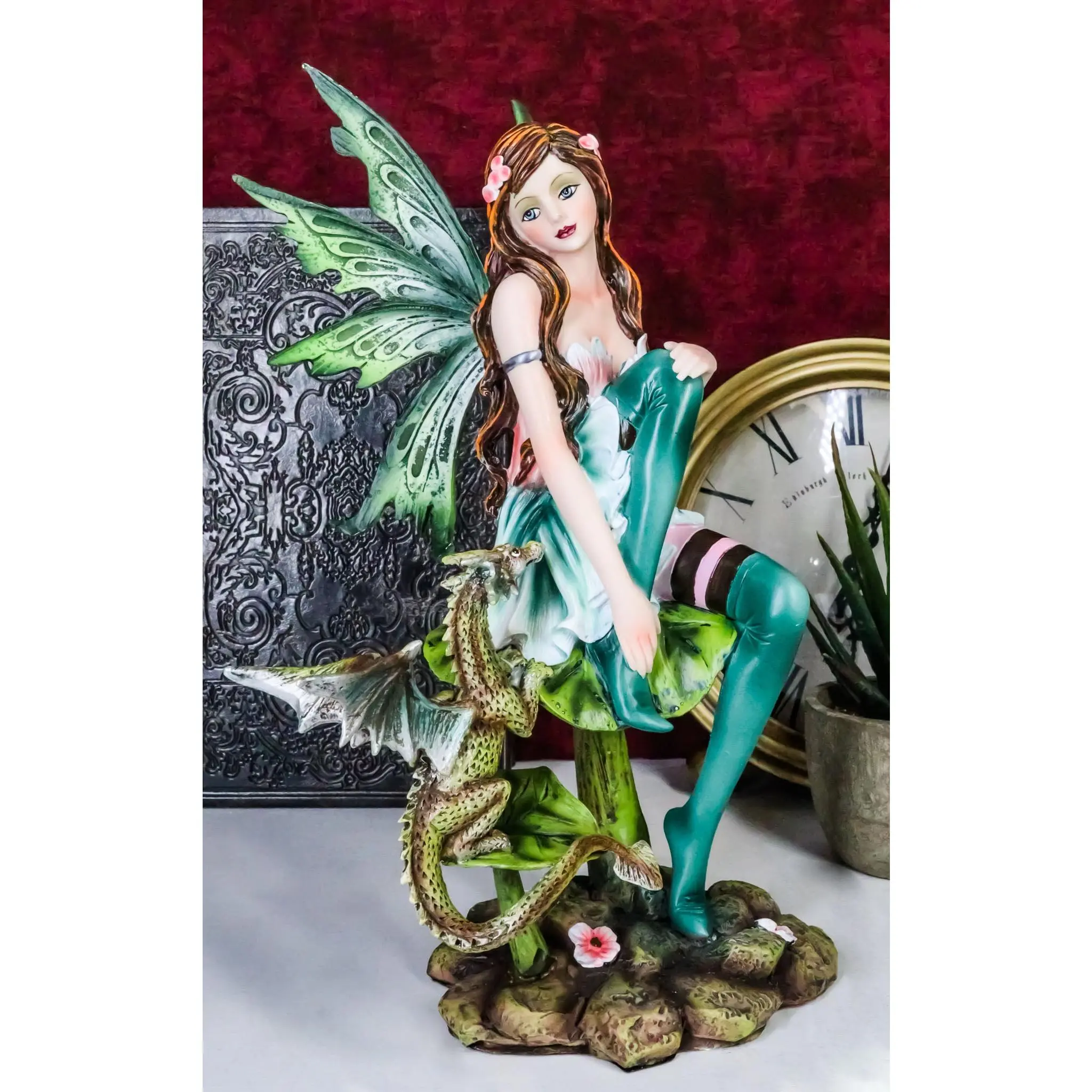 Ebros Beautiful Gaia Pixie Fairy With Green Wyrmling Dragon Statue 9.5"Tall Mythical Fantasy Fae Lady Of Summer Forest Magic Figurine Collectible Medieval Fairies Decor