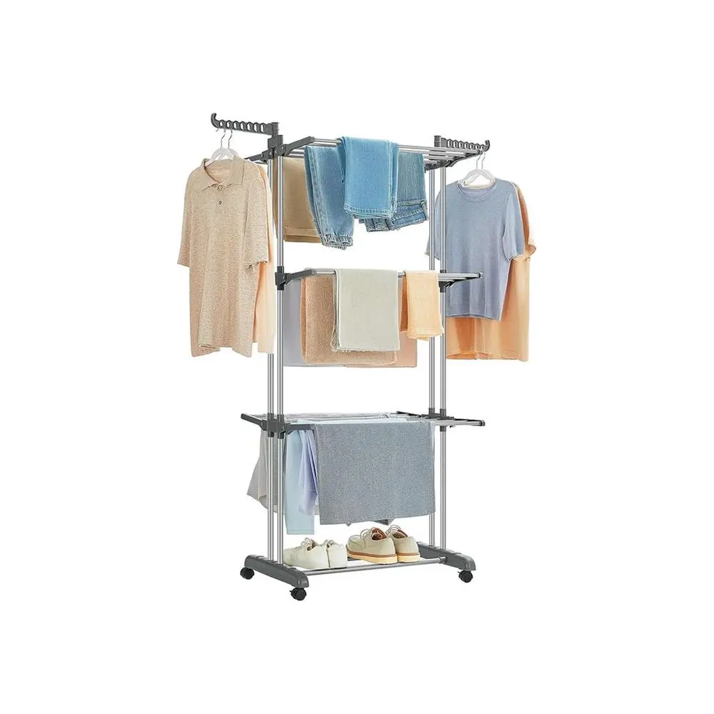 SONGMICS Clothes Drying Rack Stand 4-Tier, Foldable Laundry Drying Rack 68.1-Inch Tall, Steel, Rolling Clothes Horses Dryer Rack, Easy to Assemble, Indoor Outdoor Use