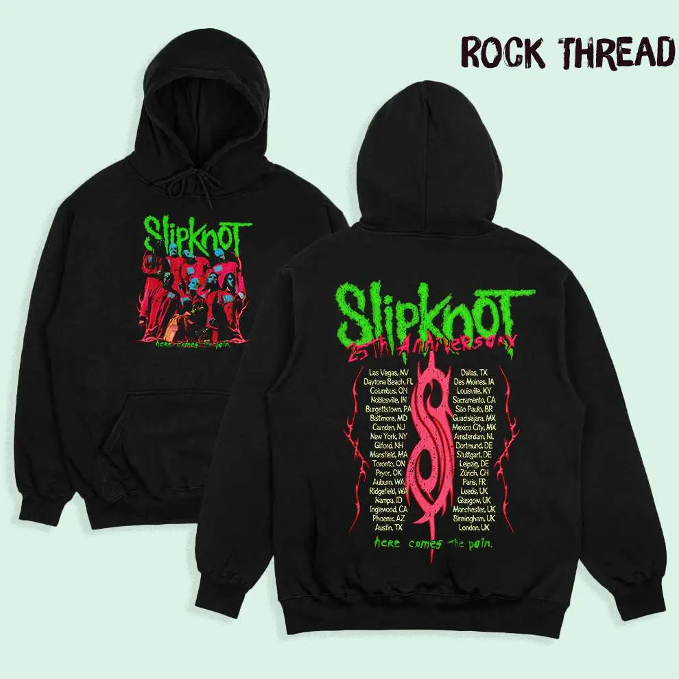 Retro Vintage Slipknot 25th Anniversary Here Comes The Pain Double Print Side Hoodie, 90s Records Rock Cotton T-shirt and Sweatshirt, Music Tour Merch Gift for Him Gift For Her Y2K Clothing
