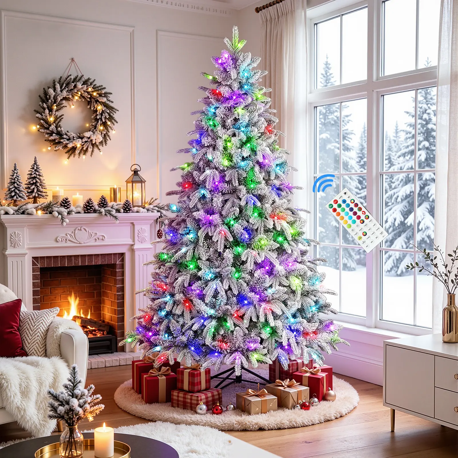 SHareconn 2026 Upgraded Pre-Lit RGB PVC+PE Flocking Christmas Tree - Classic Irregular Shape, Multiple Heights (4/5/6/7.5/8/9/12FT), Eco-Friendly Color Changing Snow Flocking, Deluxe Hinged Design, Remote Control, RGB Mood Lighting, Home Festive Decor