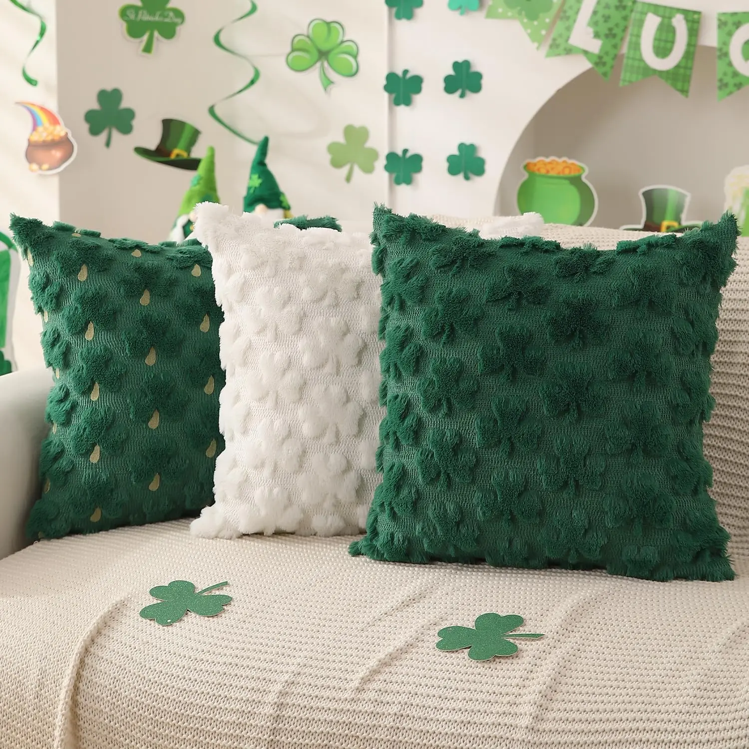 Cozy St. Patrick's Day Green Jacquard Throw Pillow Covers, 18x18 in Set of 2, Soft Plush Decorative Cushion Covers for Sofa, Bedroom, St Patricks Day, Plush Surface Soothes Hands
