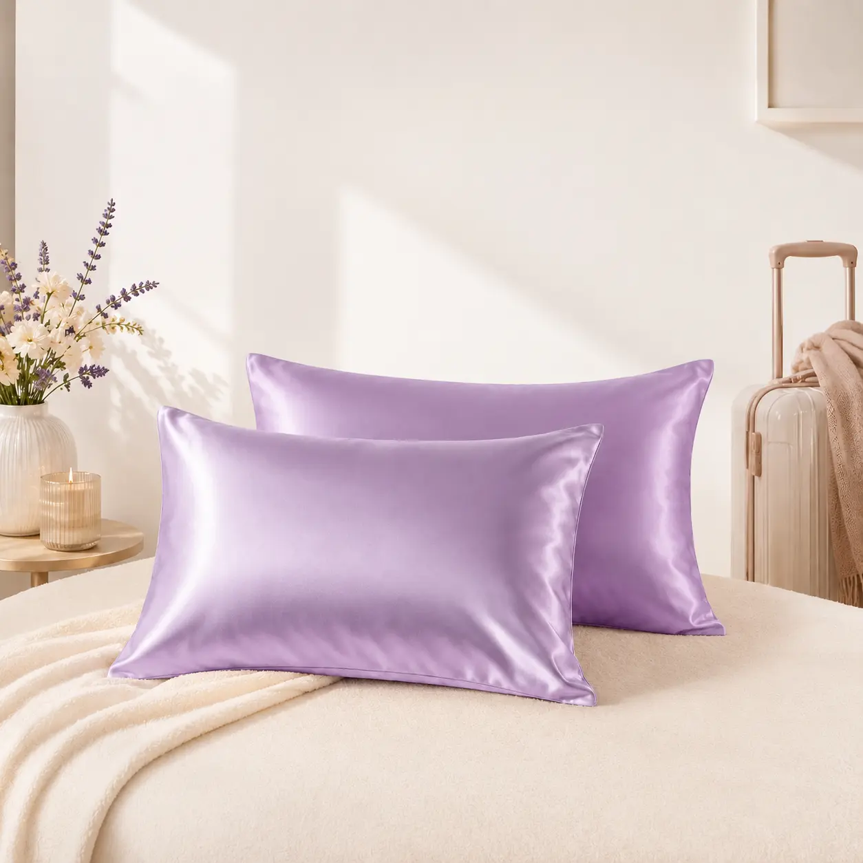 HTA Silky Satin Pillowcases 2-Pack, California King Polyester Microfiber Bedding, Anti-Acne, Hair-Friendly, Wrinkle-Resistant, Breathable, Cooling, Durable, Frictionless Silky Bedding, Envelope Closure