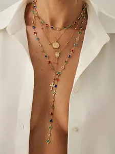 4-piece Bohemian Multi Layer Colored Gemstone Necklace | Y2K Cross Long Pendant Necklace Set Suitable for Summer Beach Dress, with a Unique Design Sense, Multilayer Cross Necklace