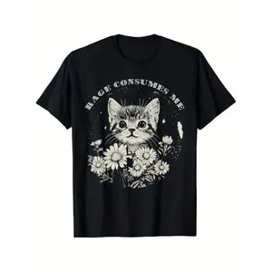 100% Cotton Summer T Shirts [Funny Cat T-Shirt] Soft Cotton Funny Cat Graphic T-Shirt - 'Rage Consumes Me' Sarcastic Kitten & Flower Design T-Shirt For Men and Women