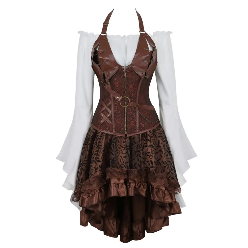 Women's Steampunk Gothic 3-Piece Corset Dress Set - Faux Leather Corset Top, Renaissance Blouse, High-Low Lace Skirt for Halloween Pirate Costume, Women's Fashion Clothes