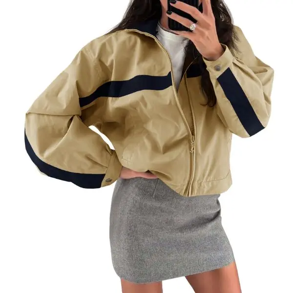 Fisoew Women's Color Block Stripe Cropped Track Jacket, Stand Collar Full Zip Oversized Balloon Long Sleeve Windbreaker Casual Varsity Coat