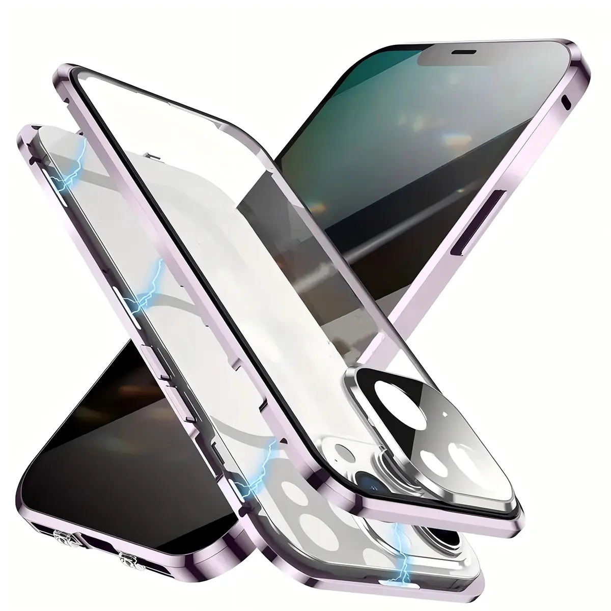 360° Protect Transparent Tempered Screen Guard Glass & Magnetic Metal Bumper Case for iPhone 15/14/13/12 Pro Max/Plus (6.1-6.7in) - Polycarbonate Back Cover, Purple Mobile Phone Accessories
