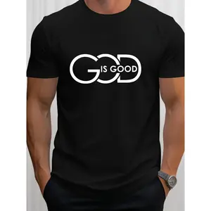 Men's Crew Neck Short Sleeve T-Shirt - Athletic Apparel, Fashion Activewear, Gym Workout Top, Summer White Line GOD Letter Print, Casual Comfortable Outdoor Wear (COD Available)