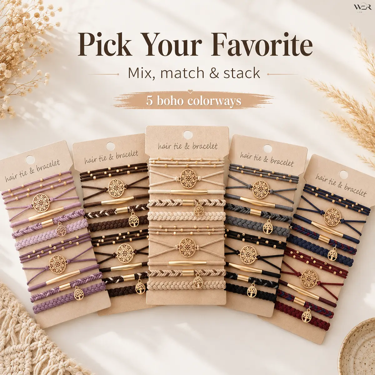 Women's Boho Hair Tie Bracelet Set (10-Piece) - 5 cm Elastic Bands, Mixed Textures, Purple,Brown,Beige,Navy,Red,Tree Charms,Sparkling,Elegant,Feminine,Lightweight,Comfortable,Versatile Costume Jewelry,Arm Candy, Bracelet Stacking,Everyday Use,Ideal Gift