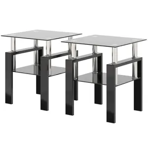 Glass End Table Square Tempered Glass Side Table, 2-Tier Modern Nightstand with Metal Legs for Living Room&Bedroom