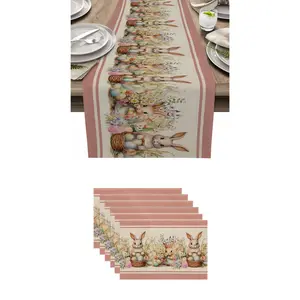 7-Piece Table Runner Set, Easter Bunny Placemats & Pillowcases, Washable Kitchen Banquet Decorations, Home Dining Room Accessories