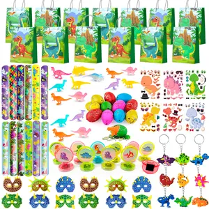 Dinosaur Party Favors, 96pcs All-in-One Dinosaur Birthday Party Favors Set - Dino Party Favor Bags Keychains Stampers Stickers Toys Clap Bracelets etc Dinosaur Birthday Party Supplies