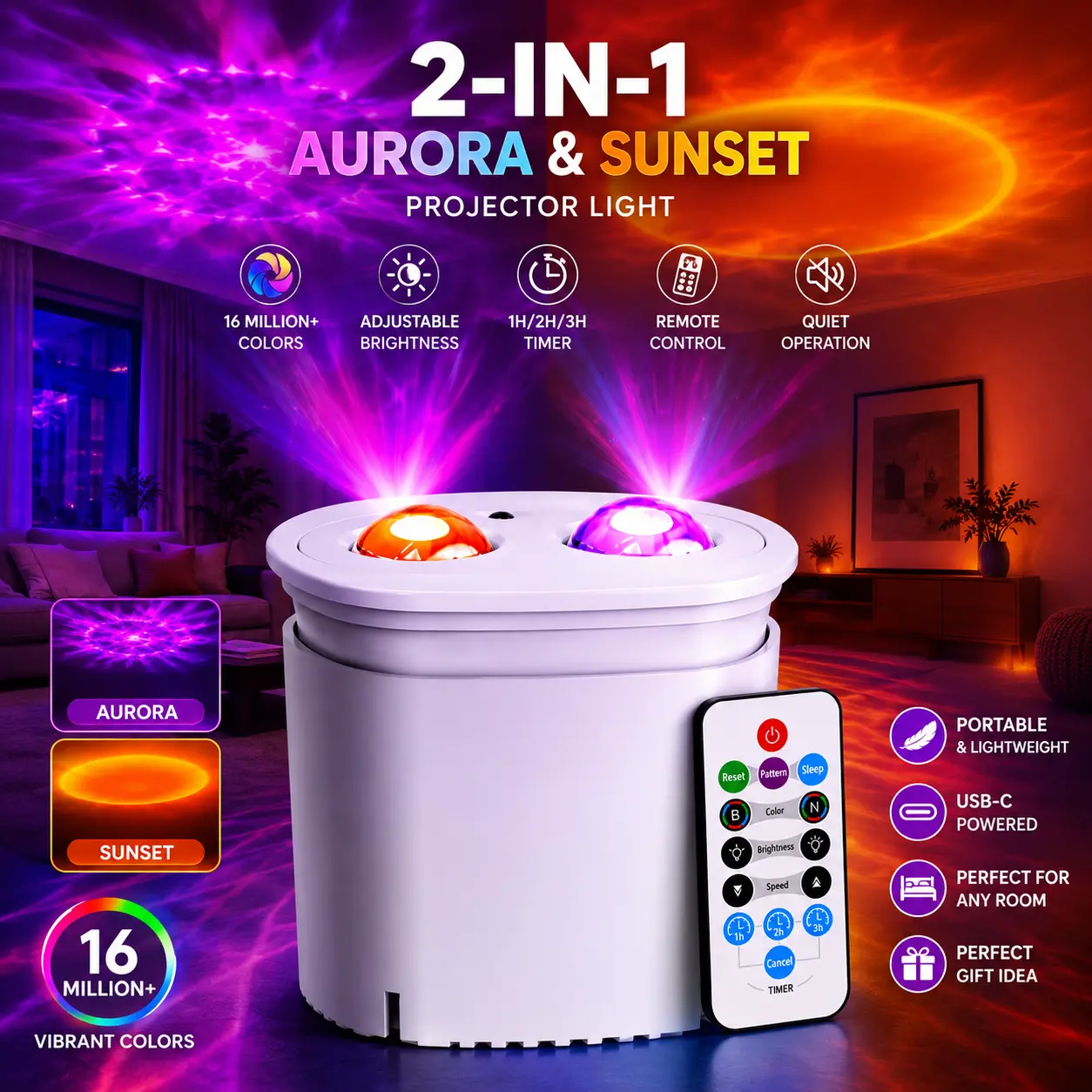 USB LED Projector Lamp, 2-in-1 Sunset & Starry Sky Projector with Remote Control, Portable Ambient Wall & Desktop Mood Light for Bedroom, Living Room & Home Decor