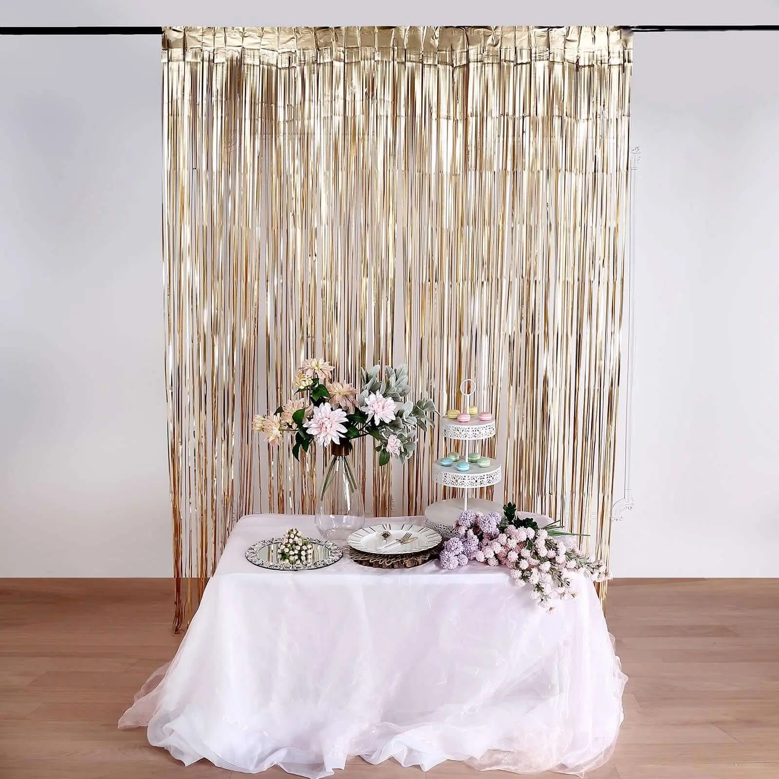 Matte Gold Metallic Foil Fringe Doorway Curtain - 8ft Fringe Curtain Festive Backdrops & Banners with Adhesive Sticker for Easy Surface Application, Wedding & Birthday Party Home Decor