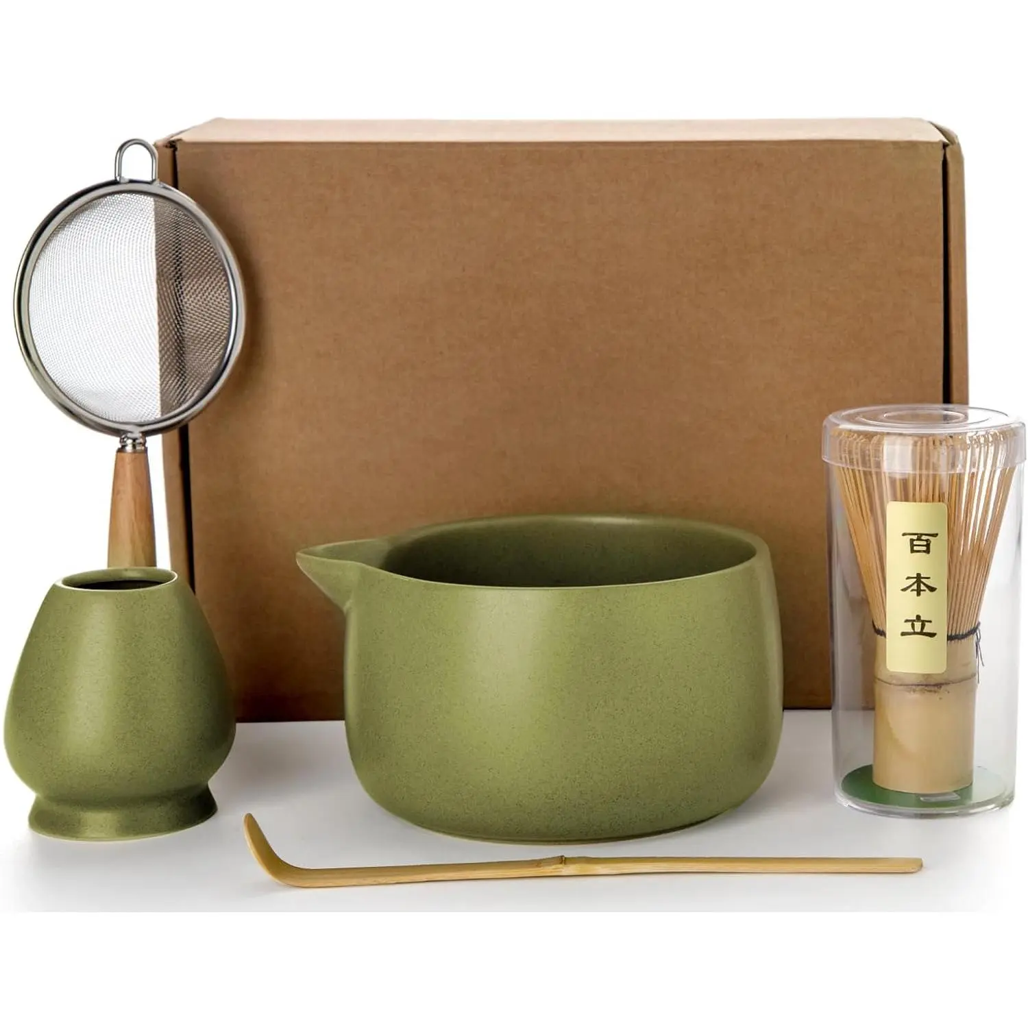 20OZ Matcha Whisk Set - 5PCS Japanese Tea Set Includes Matcha Bowl with Spout, Bamboo Whisk with Ceramic Holder, Bamboo Scoop and Sifter, Matcha Kit for Ceremony, Gift for Matcha Lovers (Matcha Green), Traditional, Tea Making Tools