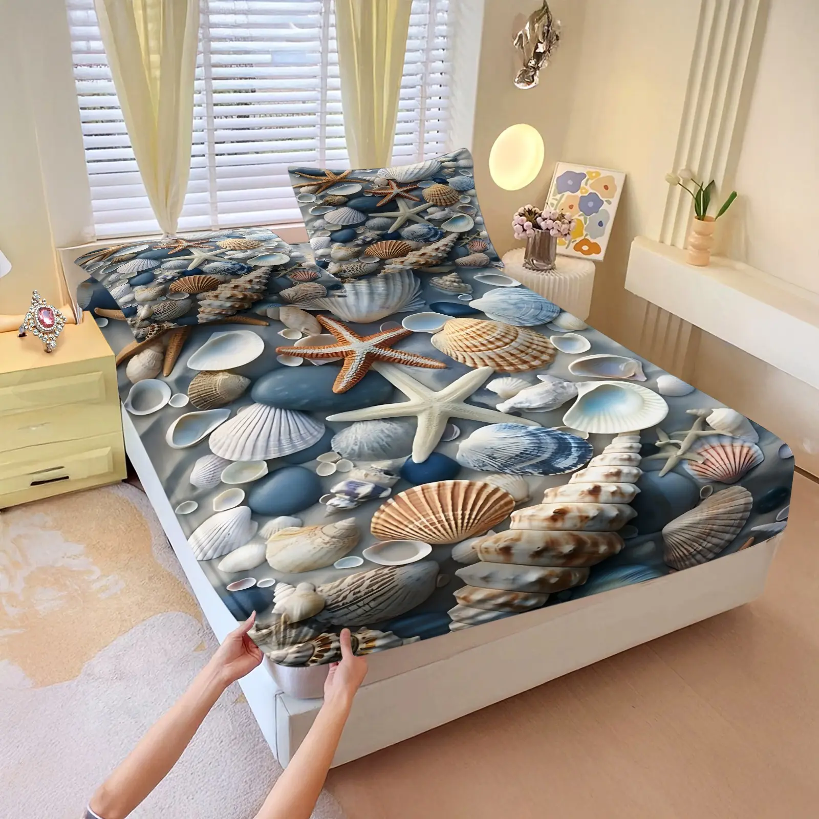 Beach Seashell Starfish Print Fitted Sheet Set,Ocean Coastal Themed Bed Sheet Set,Includes 1 Fitted Sheet & 2 Pillowcases,Deep Pocket Design for Bedroom Dorm Guest Room,Perfect Beach House Decor,Ideal Gift for Ocean & Coastal Home Lovers