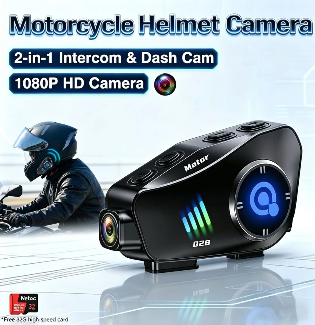 Motorcycle Handsfree Bluetooth Helmet Camera Headset, 2-in-1 Intercom & Dash Cam, 1080P Resolution, Waterproof, Free 32GB Memory Card