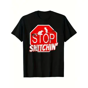 Men's Black Cotton Crew Neck T-Shirt with Bold Stop Snitchin' Graphic Print - Regular Fit Casual Tee for All Seasons, Gym, Parties & Holidays - Machine Washable Knit Fabric, Gym Apparel, HolidaSame style for men and women 2025 summer short-sleeved