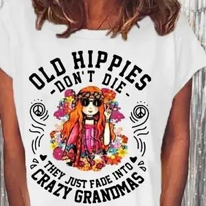 Women's Casual T-Shirt - 'Old Hippies Are Not Dead' White Tee with Floral & Peace Sign, Machine Washable, Hippie Clothing Top