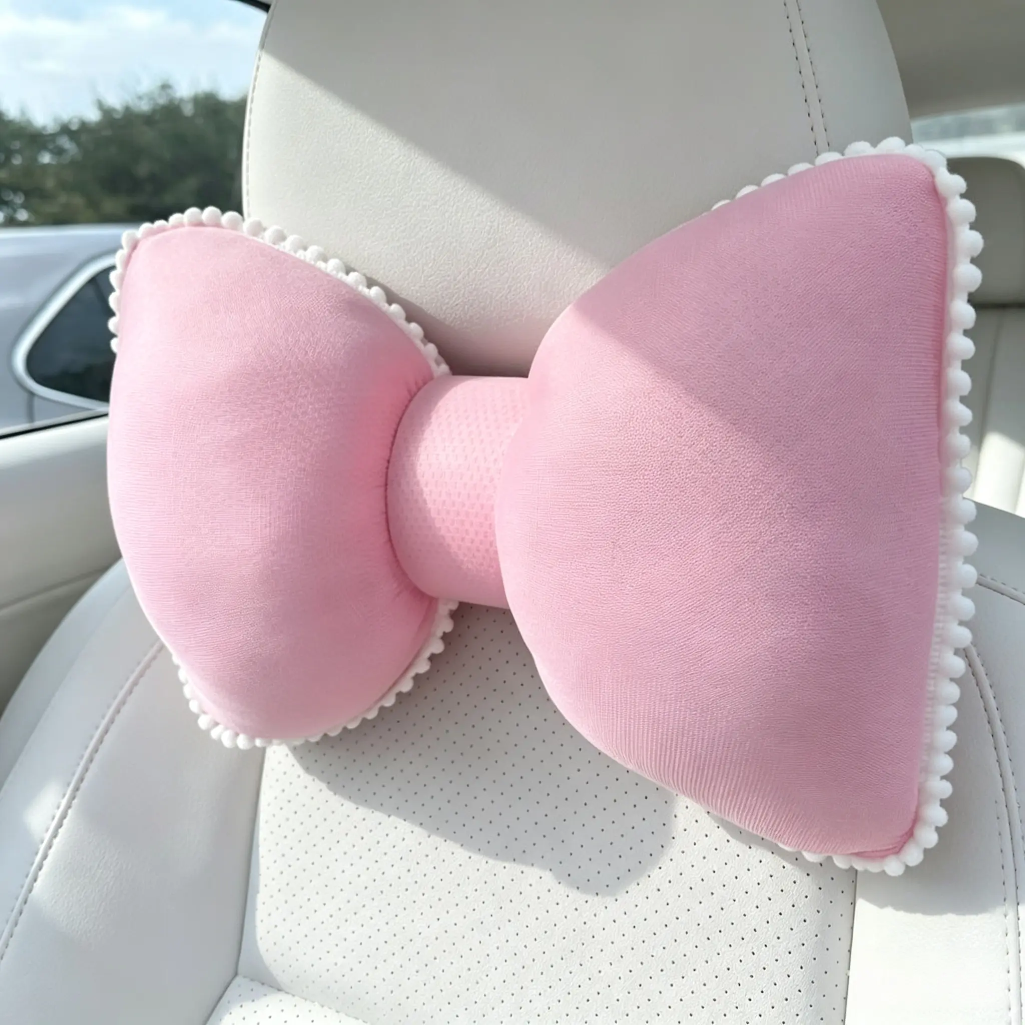 Women's Ergonomic Car Neck Pillow - 1pc Velvet Stretch Polyester, Snap Strap, Support for Driving Travel, Solid Headrest Decor Car Interior Accessory，Heart-Shaped Soft Car Neck Pillow，Solid Color Bowknot Car Neck Pillow，cushion support