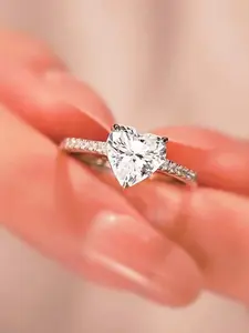 S925 Sterling Silver Ring for Women, Sweet Style Rhinestone Decorated Heart Shaped Ring, Fashion Casual Trendy Exquisite Jewelry for Party for Gift, Elegant Engagement Wedding Ring, Engagement Rings