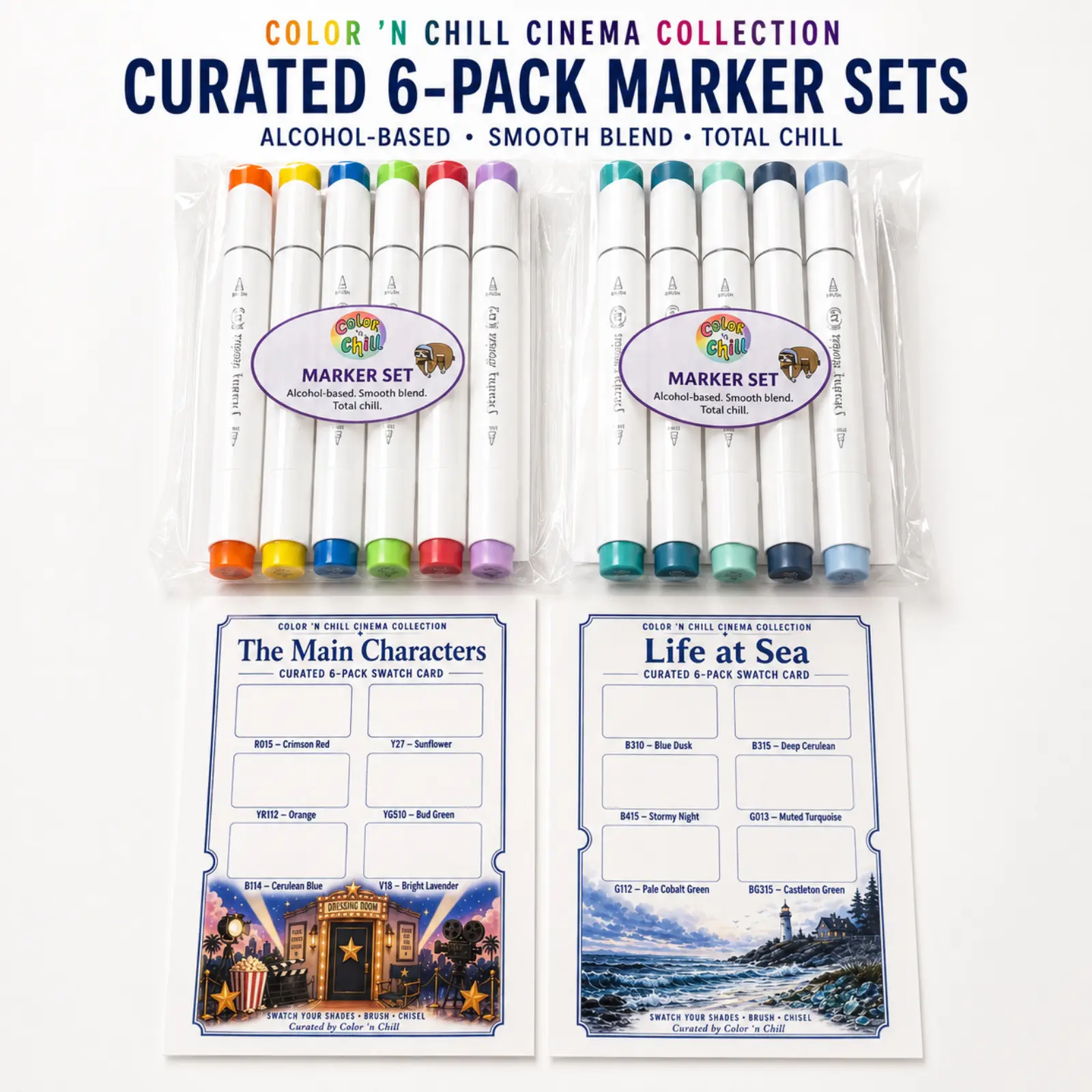 Color 'n Chill Cinema Collection Curated 6-Pack Ohuhu Honolulu Alcohol Marker Set + Exclusive Swatch Card