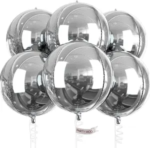 PartyWoo Metallic Silver Foil Balloons 6pcs 22 Inch Large Round Foil Big Giant 4D Jumbo Inflatable Mirror Ball Mylar Balloons for Graduation Birthday Engagement Space Themed Party Decorations
