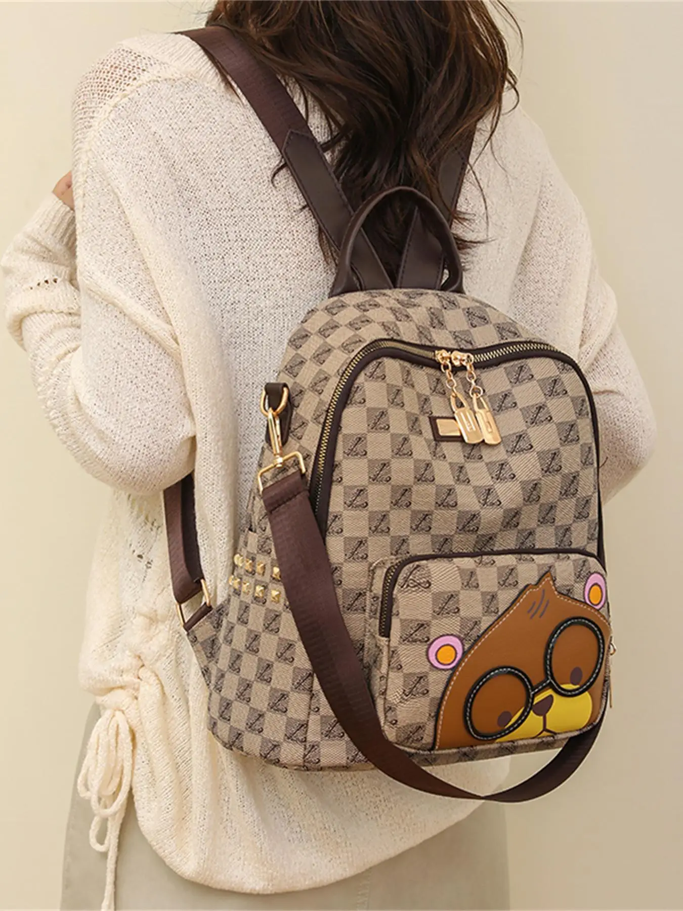 Fashionable Summer Cute Cartoon Pattern Backpack for Travel Essentials, 2025 Casual Plaid Pattern Designer Bookbags, with Adjustable Strap, Unisex