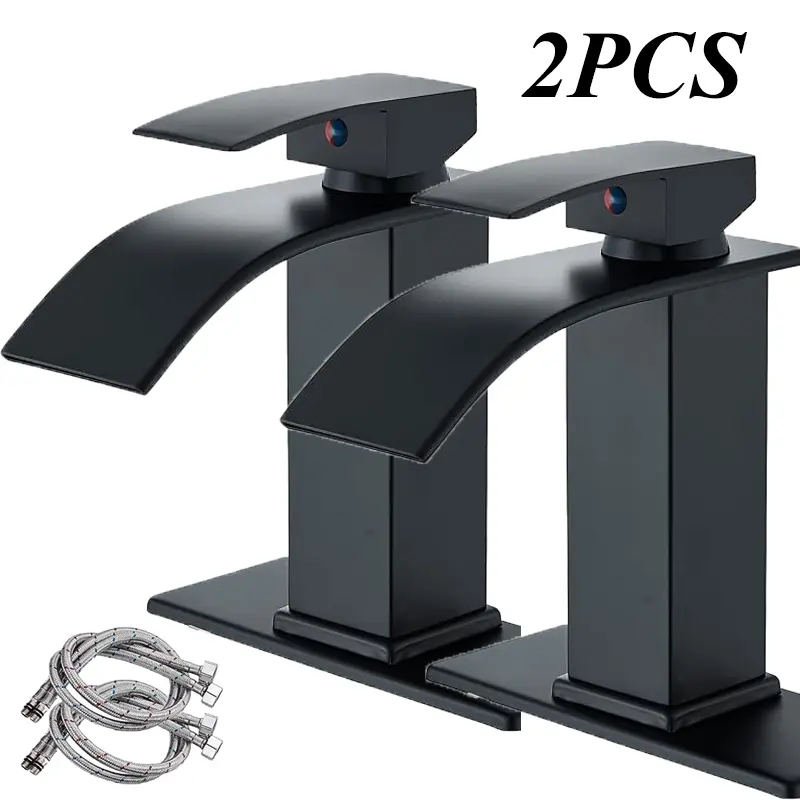 2PCS Luxury Waterfall Bathroom Sink Faucet, Single Handle Mixing Hot Cold 3 Holes Vanity Basin Faucet Mixer Tap, Modern Countertop Lavatory Tap for Hotel Home Bathroom Renovation, 4 Finishes Optional Matte Black/Chrome/Brushed Nickel/Brushed Gold