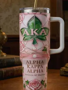 Alpha Kappa Alpha Tumbler with Handle – AKA Sorority Luxury Mug, Pink & Green Stainless Steel Cup, Perfect AKA Gift for your Health