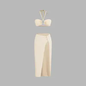 Cider V-neck Solid O-Ring Halter Cheeky Bikini Swimsuit With Cover Up Beach Skirt