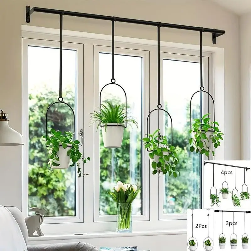 Adjustable Metal Hanging Planters Set, Durable Metal Frame, 4 Plastic Pots, Indoor Herb Garden, Wall Plant Hanger, Expandable Cabinet Drawers