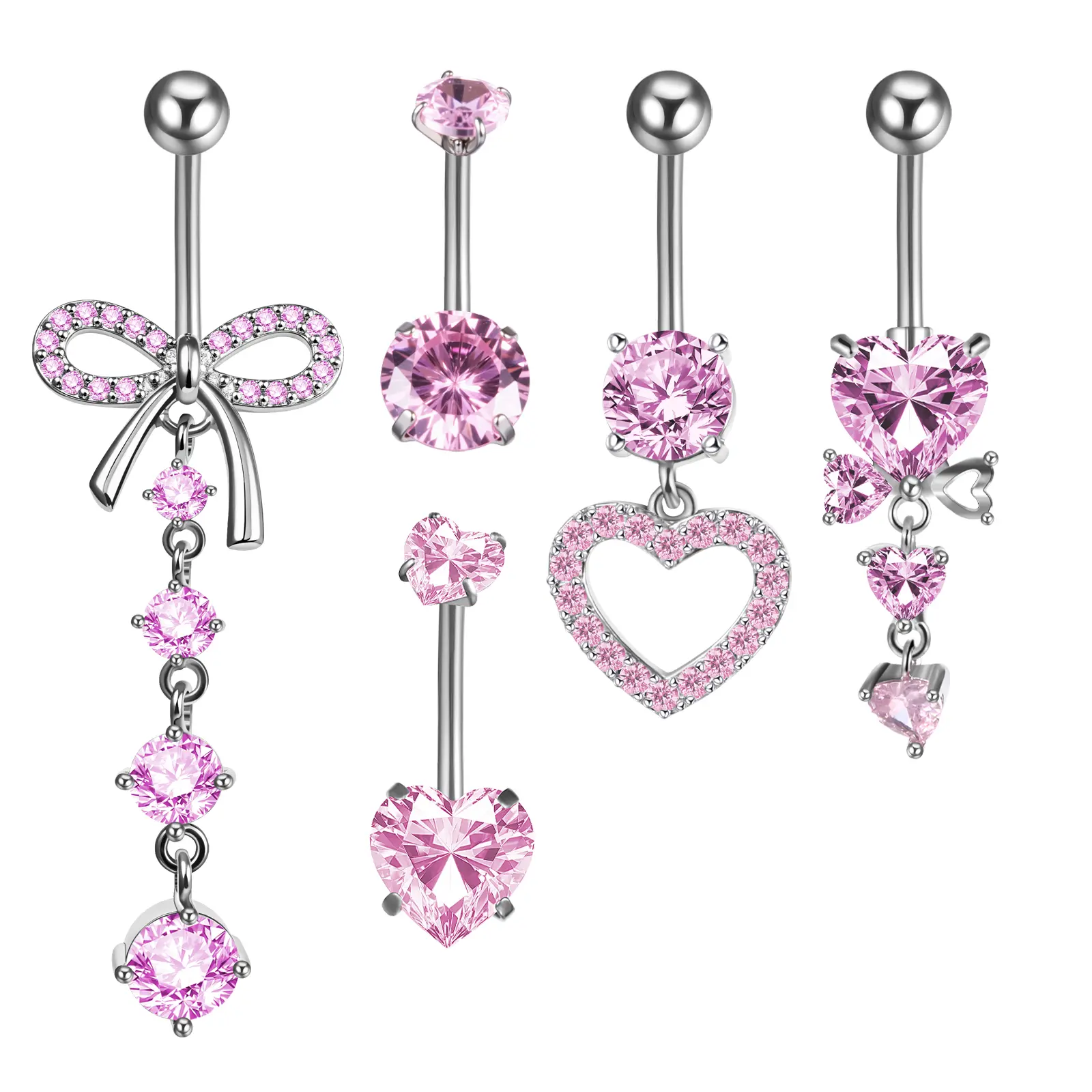 Women's 14G OIDEA Body Piercing Kit - 5PCS Surgical Steel Curved Navel Rings, Pink CZ Rhinestone Heart Dangle Belly Button Jewelry for Feminine Outfits summerwins Waistbeads,summerwins