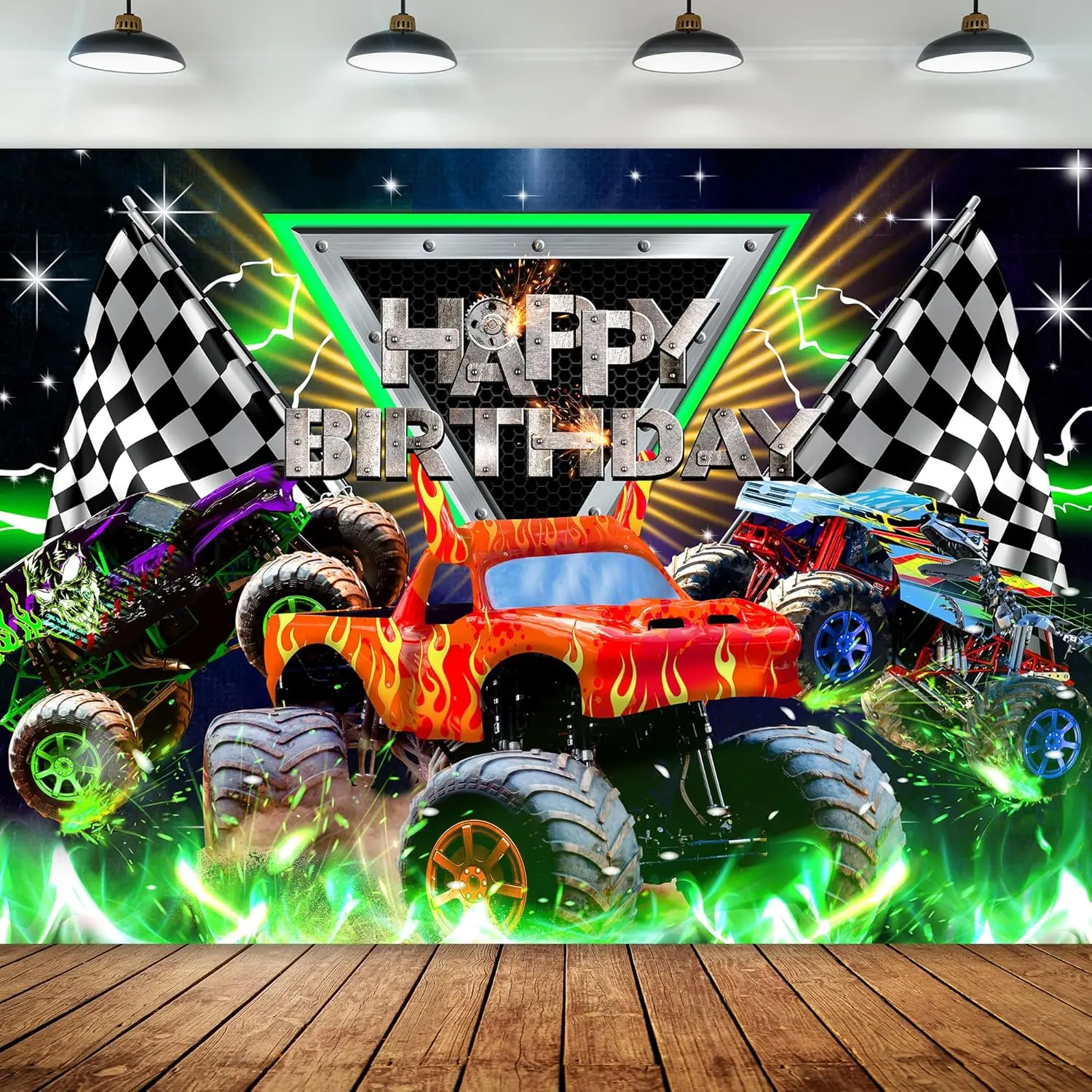 Themed Backdrop 7Wx5H Photography  Happy Birthday Party Supplies Jam  Flame  Grave Digger Boys  Background Cool  Party Decorations Banner Photo Booth Props