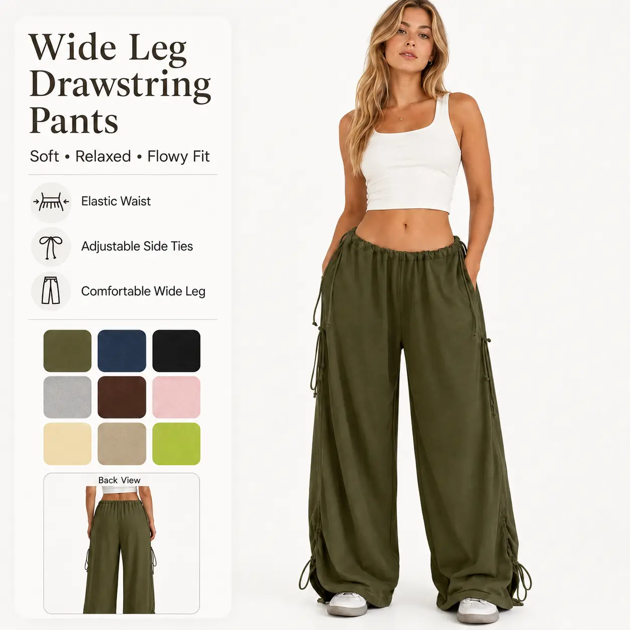 Women Adjustable Side Tie Wide Leg Drawstring Pants, Elastic High Waist Flowy Loose Trousers, Soft Breathable Casual Lounge Sweatpants, 9 Colors Oversized Comfy Streetwear Joggers for Daily Workout Coffee Run