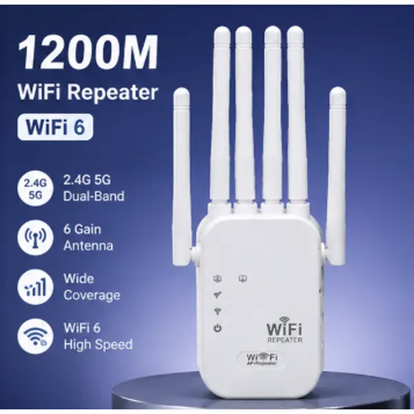 WiFi Extender 1200Mbps Dual Band 2.4GHz 5GHz Signal Booster 6 High Gain Antennas Long Range Coverage for Home Office Networking